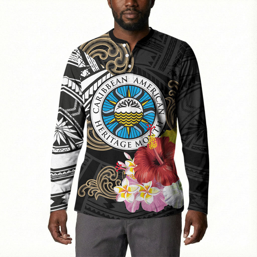 Caribbean American Heritage Month Button Sweatshirt Tribal Pattern Tropical Hibiscus Flower