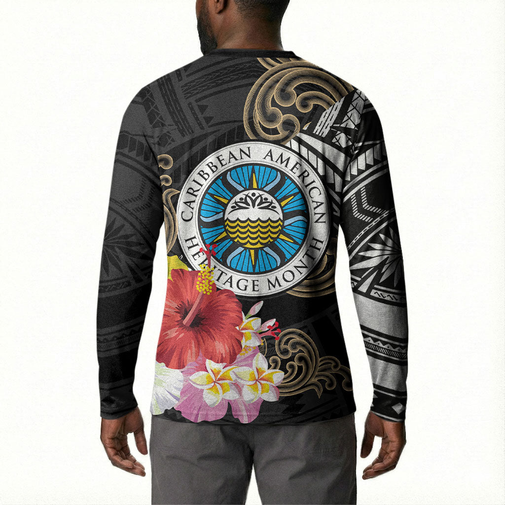 Caribbean American Heritage Month Button Sweatshirt Tribal Pattern Tropical Hibiscus Flower