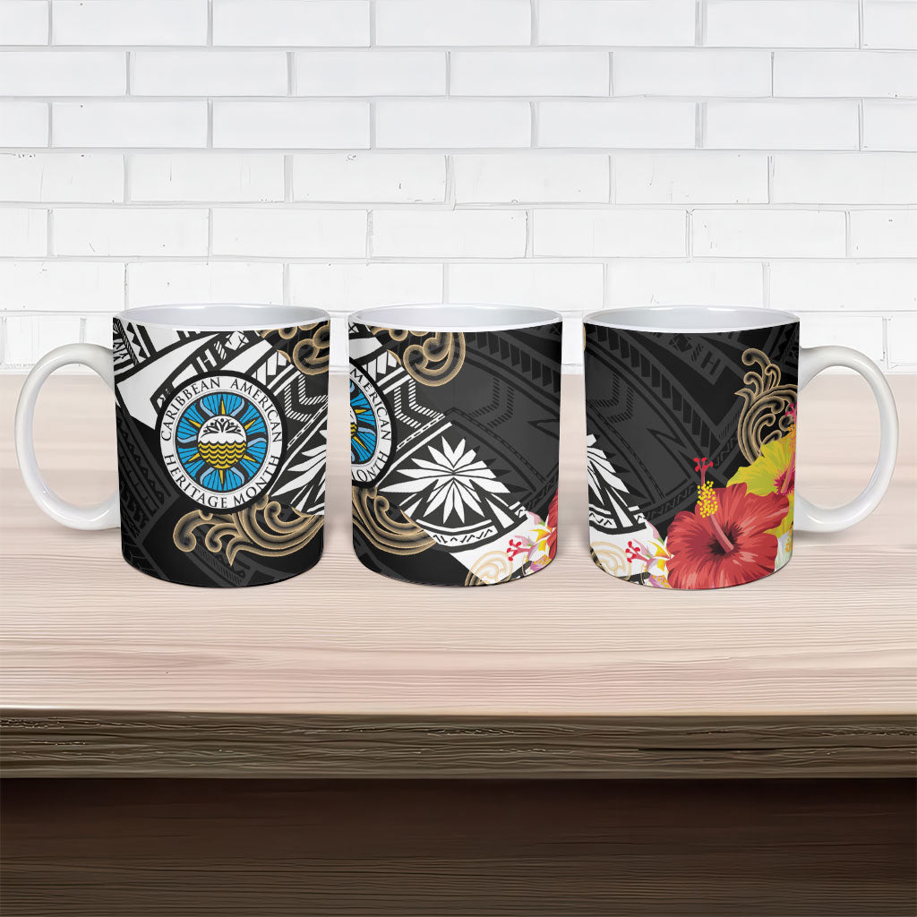 Caribbean American Heritage Month Ceramic Mug Tribal Pattern Tropical Hibiscus Flower