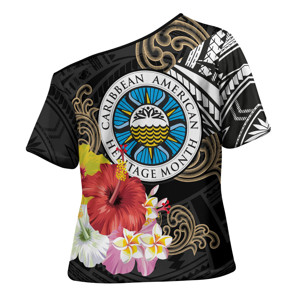 Caribbean American Heritage Month Cross Shoulder Shirt Tribal Pattern Tropical Hibiscus Flower