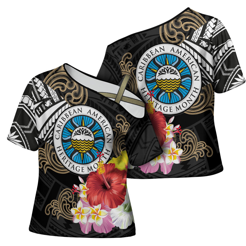 Caribbean American Heritage Month Cross Shoulder Shirt Tribal Pattern Tropical Hibiscus Flower