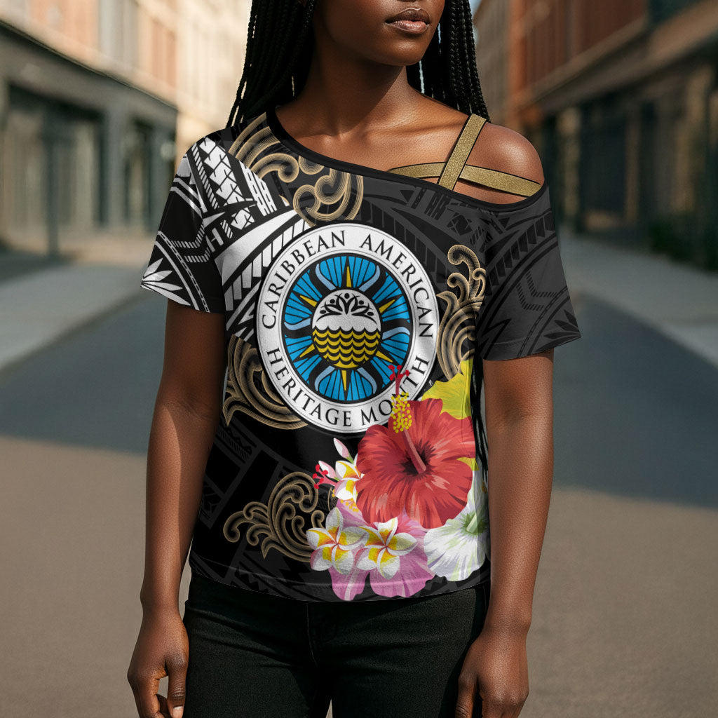 Caribbean American Heritage Month Cross Shoulder Shirt Tribal Pattern Tropical Hibiscus Flower