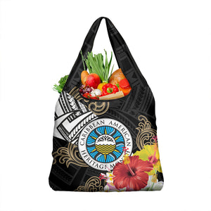 Caribbean American Heritage Month Grocery Bag Tribal Pattern Tropical Hibiscus Flower