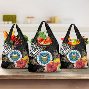 Caribbean American Heritage Month Grocery Bag Tribal Pattern Tropical Hibiscus Flower