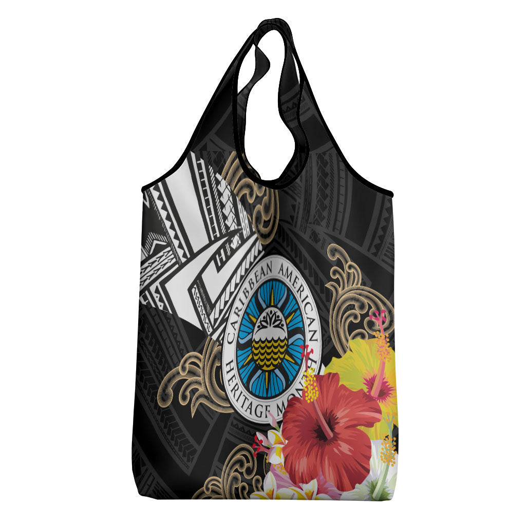 Caribbean American Heritage Month Grocery Bag Tribal Pattern Tropical Hibiscus Flower