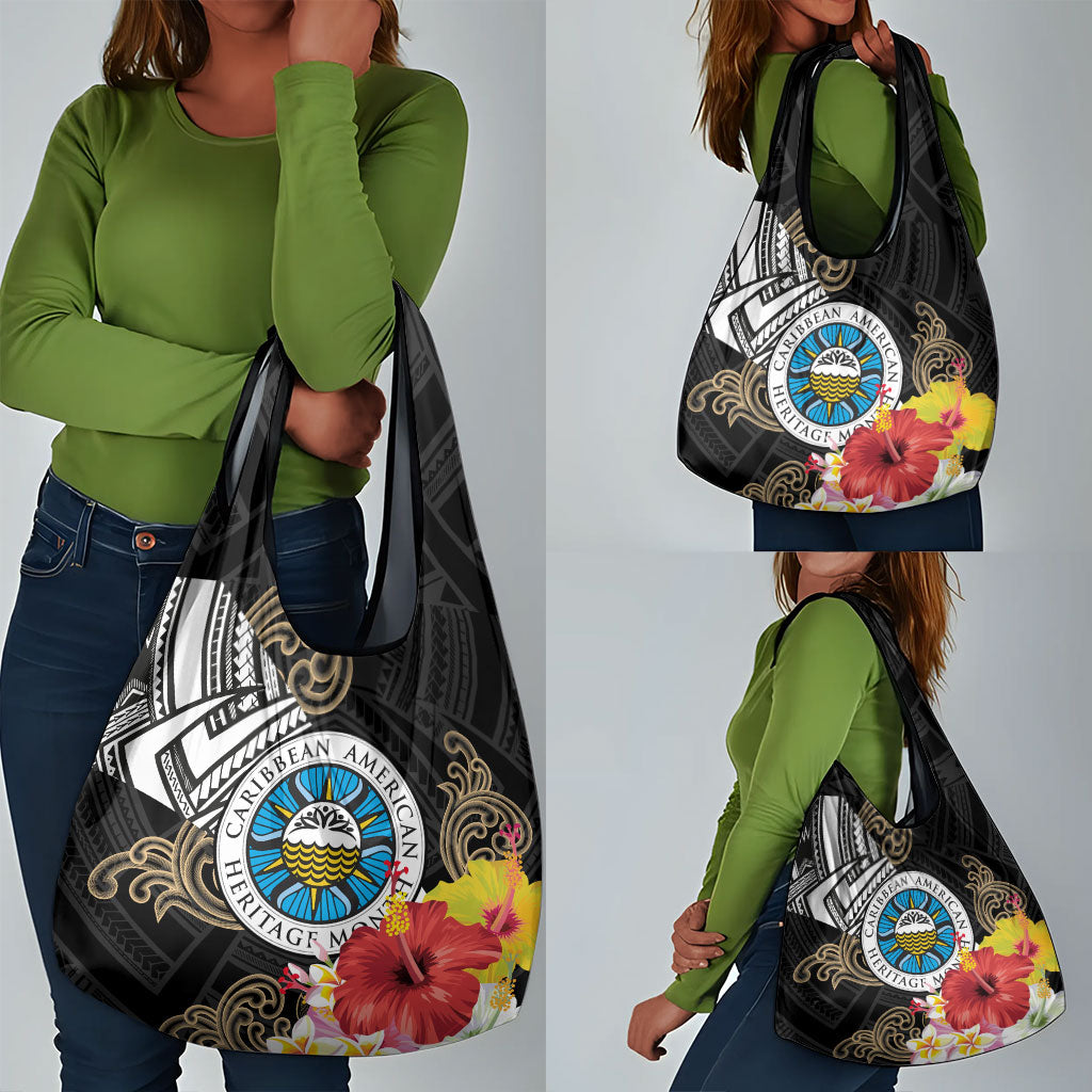 Caribbean American Heritage Month Grocery Bag Tribal Pattern Tropical Hibiscus Flower