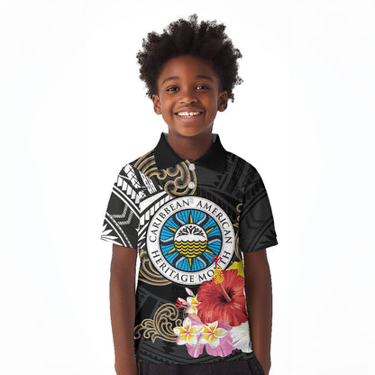 Caribbean American Heritage Month Kid Polo Shirt Tribal Pattern Tropical Hibiscus Flower
