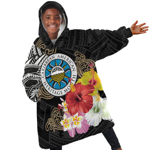 Caribbean American Heritage Month Kid Wearable Blanket Hoodie Tribal Pattern Tropical Hibiscus Flower