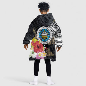 Caribbean American Heritage Month Kid Wearable Blanket Hoodie Tribal Pattern Tropical Hibiscus Flower