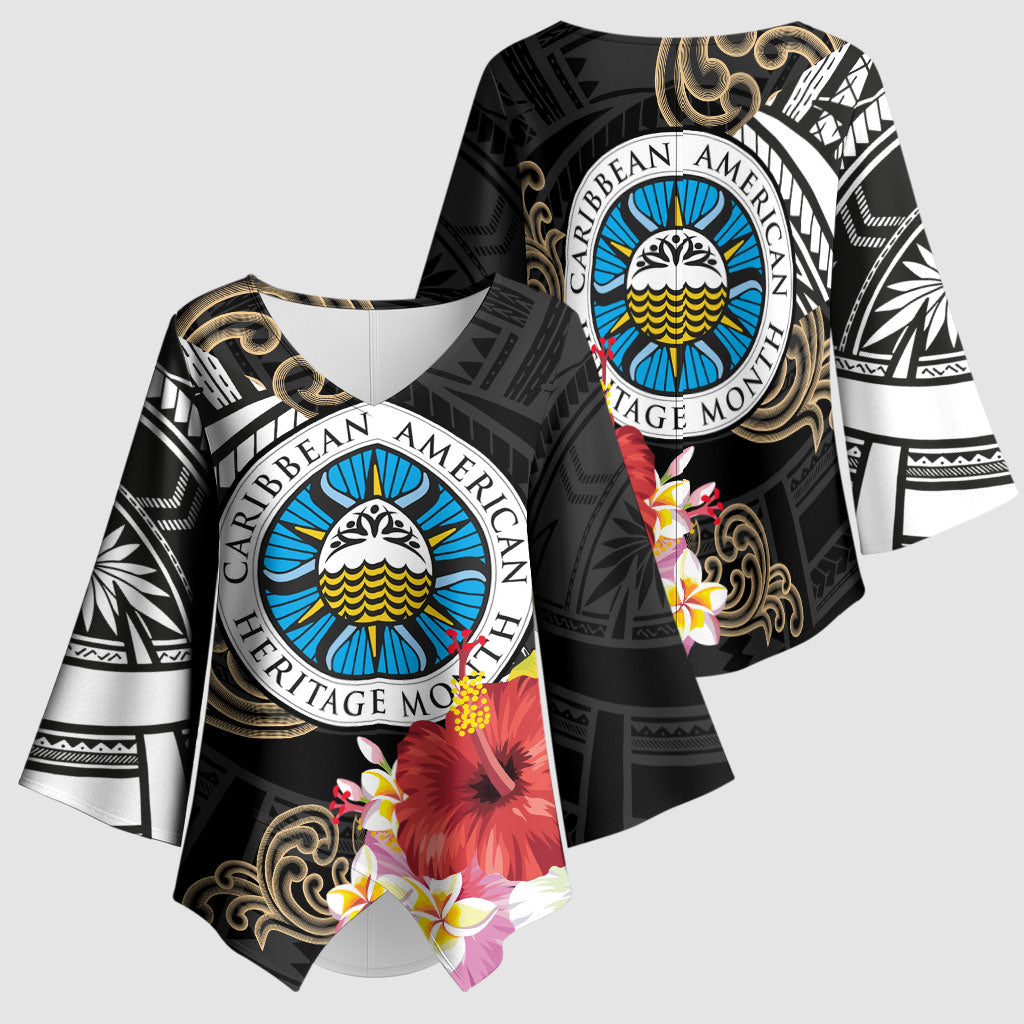 Caribbean American Heritage Month Kimono Sleeve Blouse Tribal Pattern Tropical Hibiscus Flower