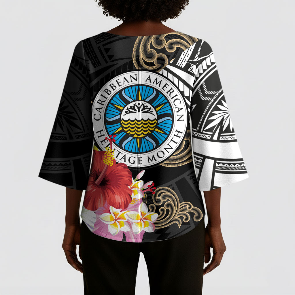 Caribbean American Heritage Month Kimono Sleeve Blouse Tribal Pattern Tropical Hibiscus Flower