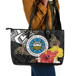 Caribbean American Heritage Month Leather Tote Bag Tribal Pattern Tropical Hibiscus Flower