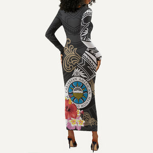 Caribbean American Heritage Month Long Sleeve Bodycon Dress Tribal Pattern Tropical Hibiscus Flower