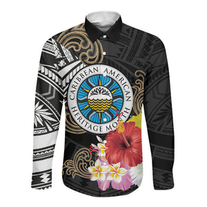 Caribbean American Heritage Month Long Sleeve Button Shirt Tribal Pattern Tropical Hibiscus Flower
