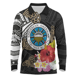 Caribbean American Heritage Month Long Sleeve Polo Shirt Tribal Pattern Tropical Hibiscus Flower