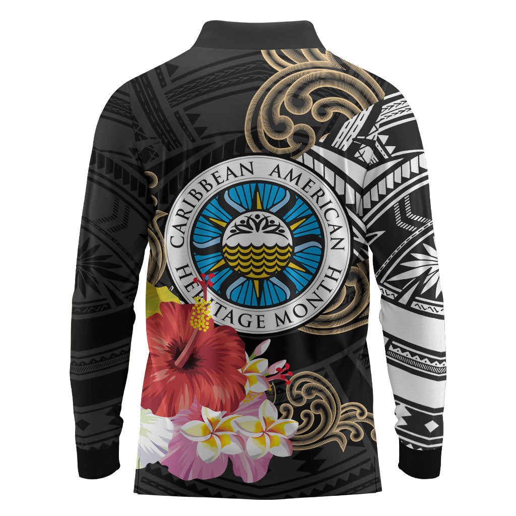 Caribbean American Heritage Month Long Sleeve Polo Shirt Tribal Pattern Tropical Hibiscus Flower