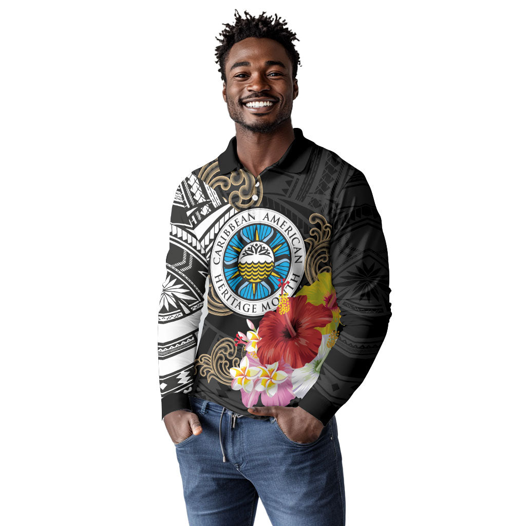 Caribbean American Heritage Month Long Sleeve Polo Shirt Tribal Pattern Tropical Hibiscus Flower