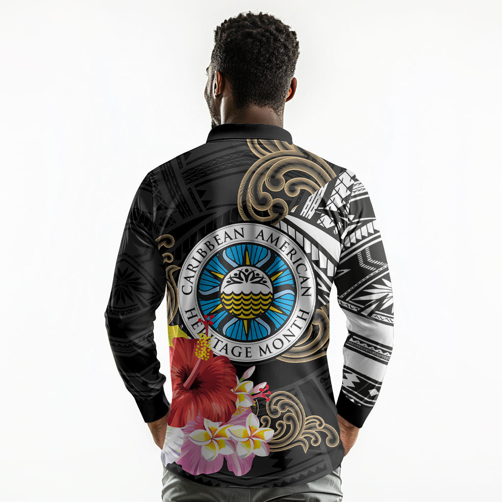 Caribbean American Heritage Month Long Sleeve Polo Shirt Tribal Pattern Tropical Hibiscus Flower