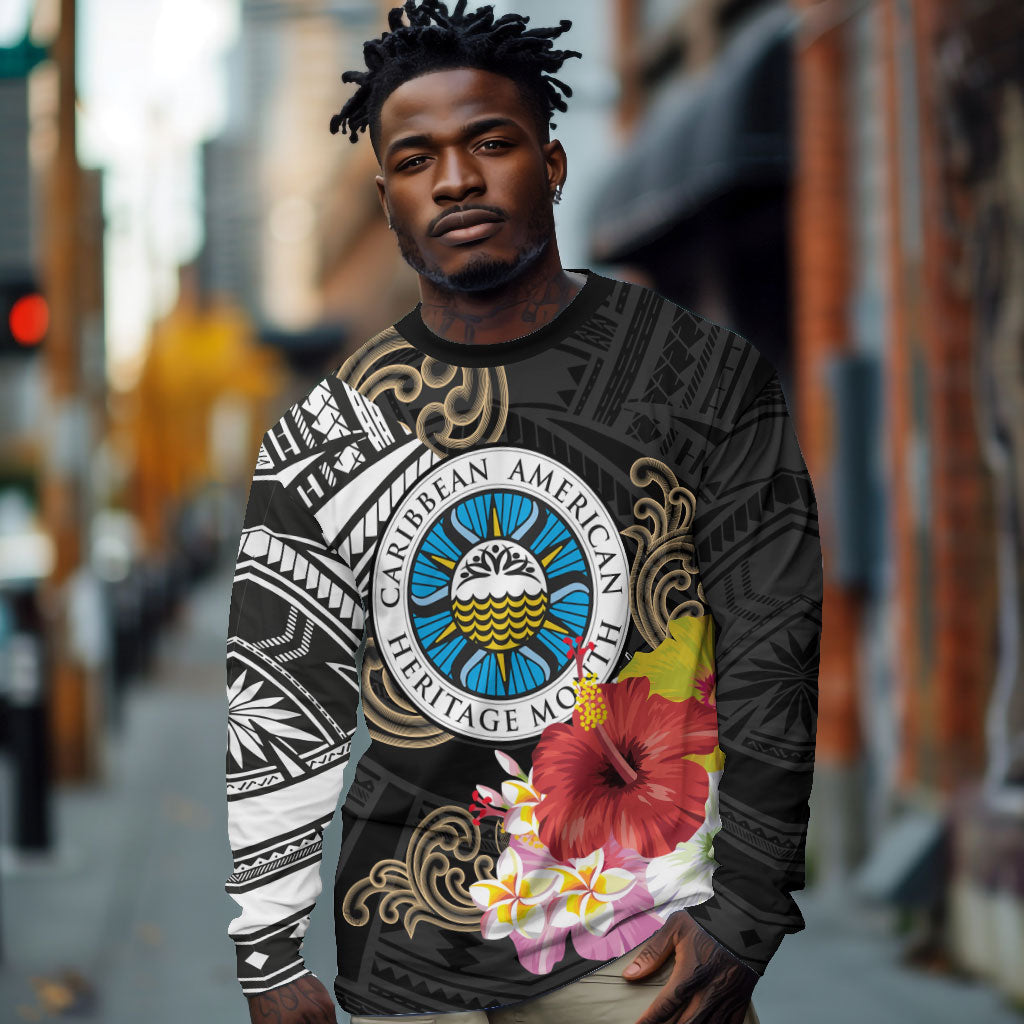 Caribbean American Heritage Month Long Sleeve Shirt Tribal Pattern Tropical Hibiscus Flower