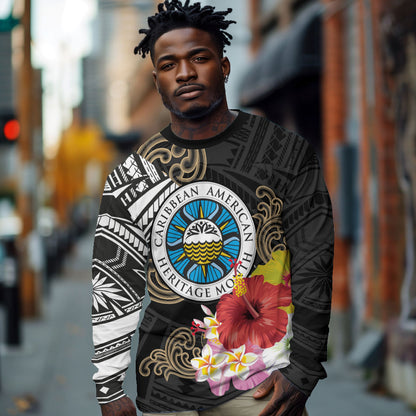 Caribbean American Heritage Month Long Sleeve Shirt Tribal Pattern Tropical Hibiscus Flower