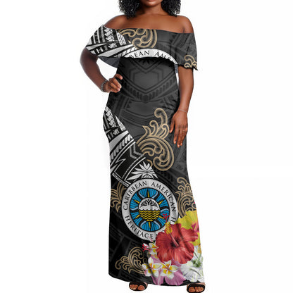 Caribbean American Heritage Month Off Shoulder Maxi Dress Tribal Pattern Tropical Hibiscus Flower