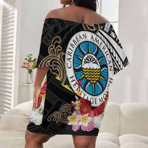 Caribbean American Heritage Month Off Shoulder Short Dress Tribal Pattern Tropical Hibiscus Flower