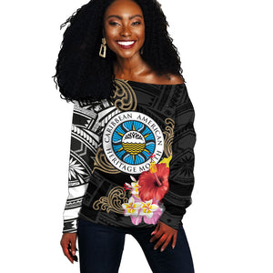 Caribbean American Heritage Month Off Shoulder Sweater Tribal Pattern Tropical Hibiscus Flower