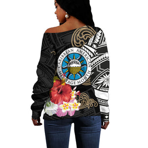 Caribbean American Heritage Month Off Shoulder Sweater Tribal Pattern Tropical Hibiscus Flower
