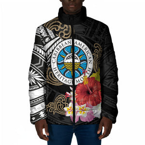 Caribbean American Heritage Month Padded Jacket Tribal Pattern Tropical Hibiscus Flower