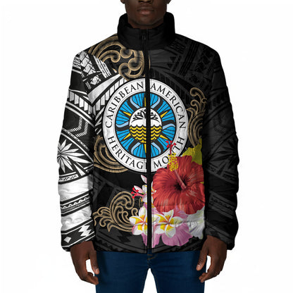 Caribbean American Heritage Month Padded Jacket Tribal Pattern Tropical Hibiscus Flower