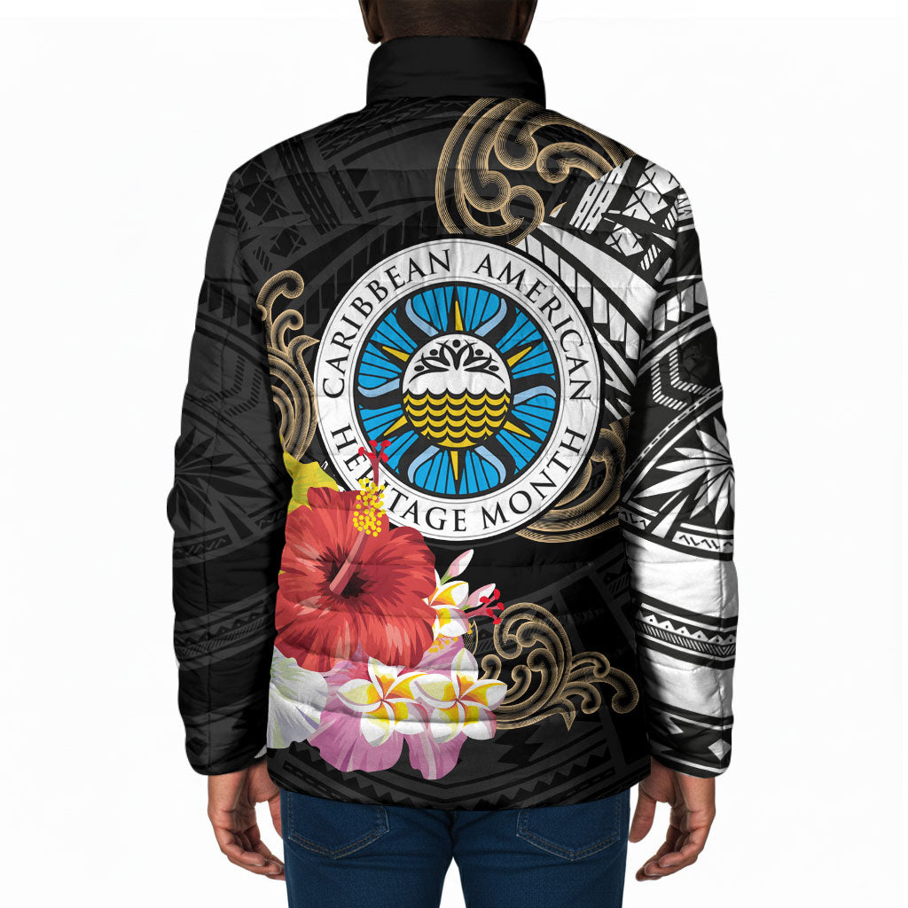 Caribbean American Heritage Month Padded Jacket Tribal Pattern Tropical Hibiscus Flower