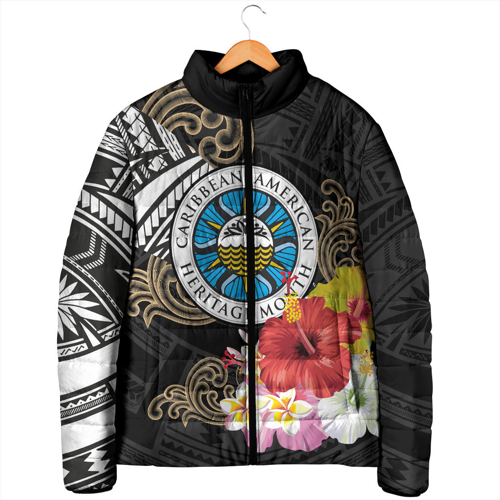 Caribbean American Heritage Month Padded Jacket Tribal Pattern Tropical Hibiscus Flower