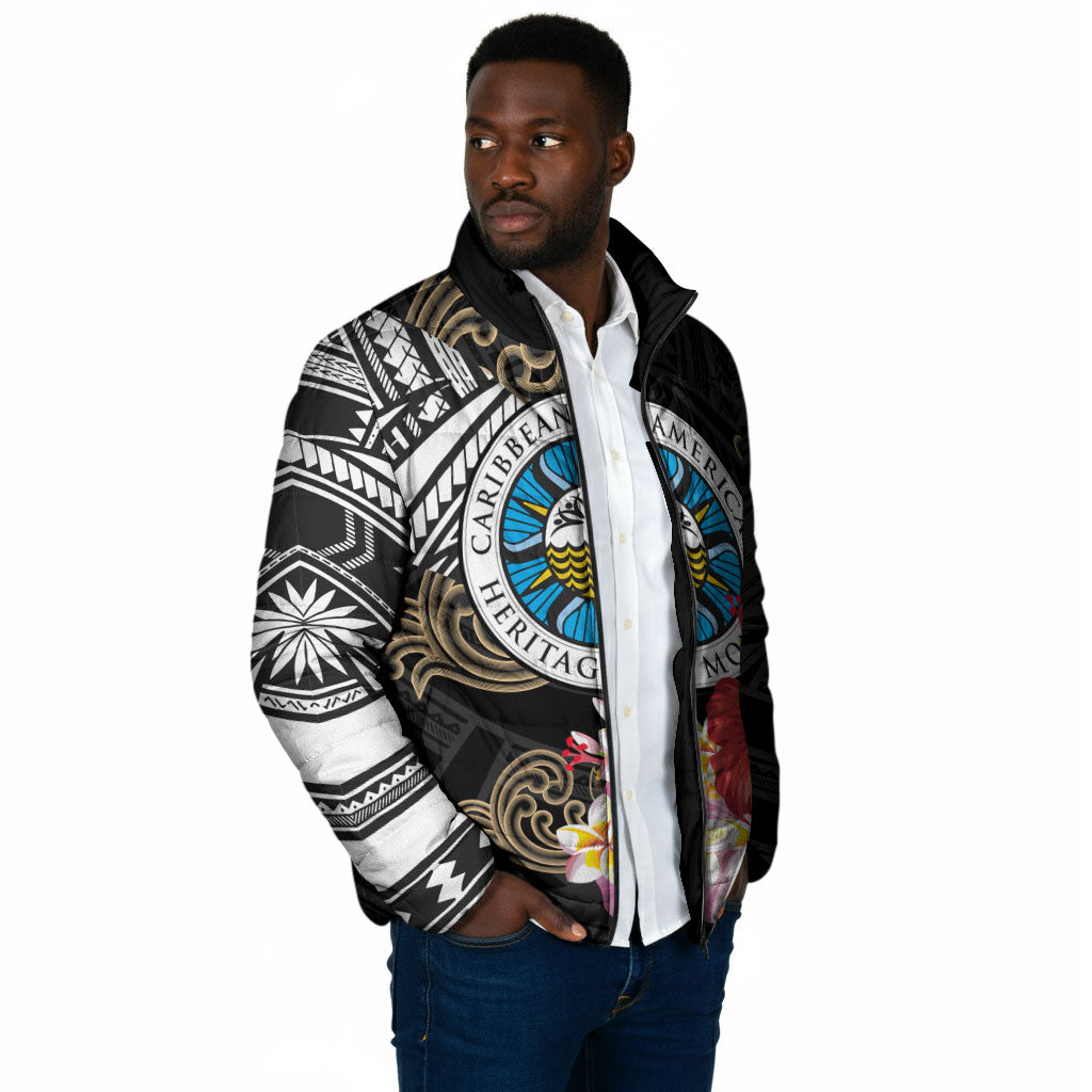 Caribbean American Heritage Month Padded Jacket Tribal Pattern Tropical Hibiscus Flower