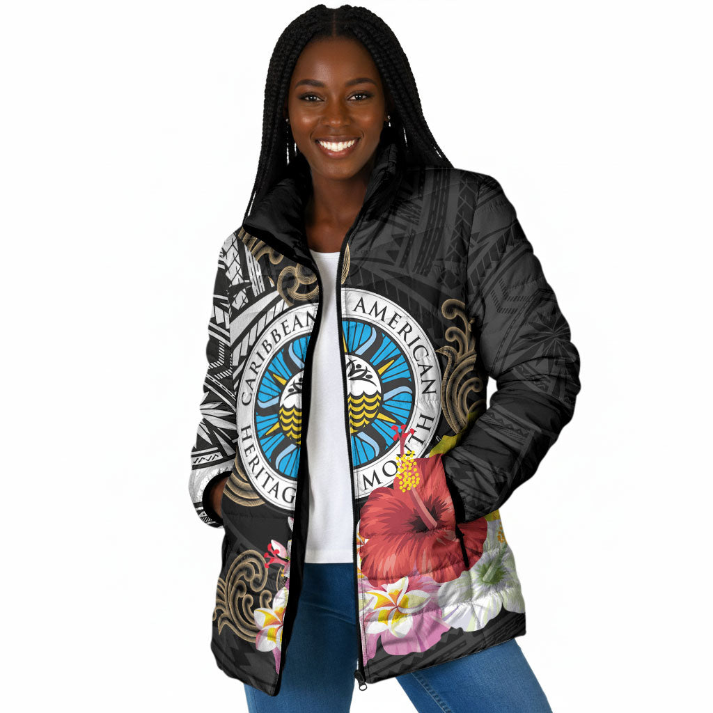Caribbean American Heritage Month Padded Jacket Tribal Pattern Tropical Hibiscus Flower