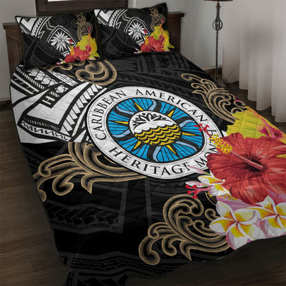 Caribbean American Heritage Month Quilt Bed Set Tribal Pattern Tropical Hibiscus Flower