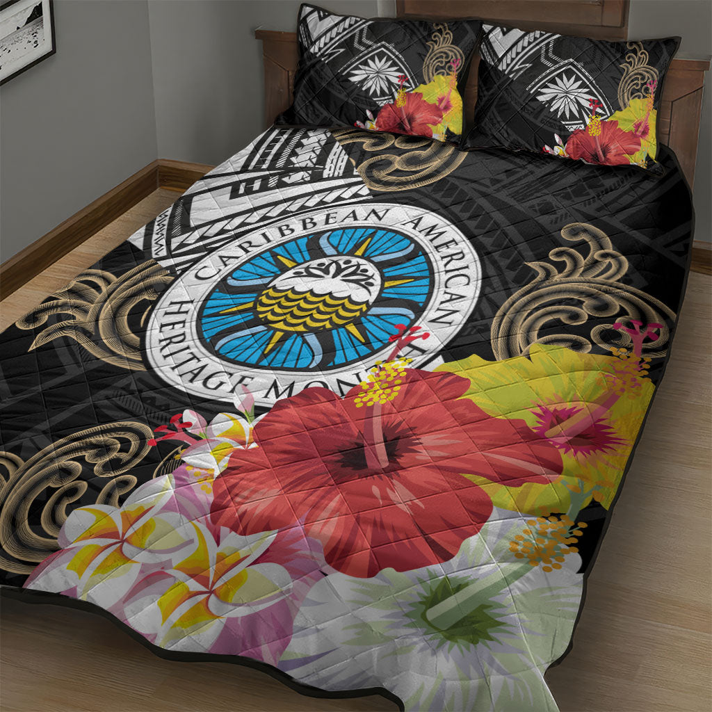 Caribbean American Heritage Month Quilt Bed Set Tribal Pattern Tropical Hibiscus Flower