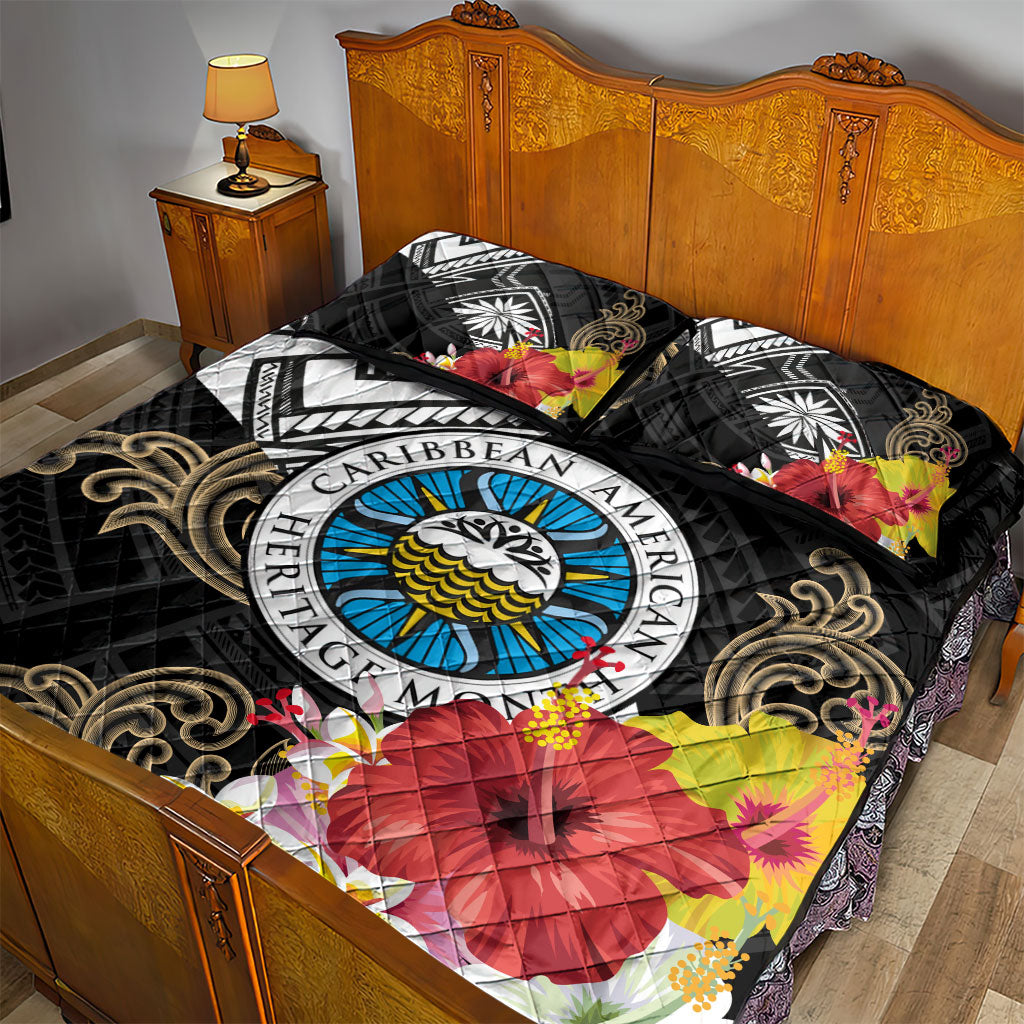 Caribbean American Heritage Month Quilt Bed Set Tribal Pattern Tropical Hibiscus Flower