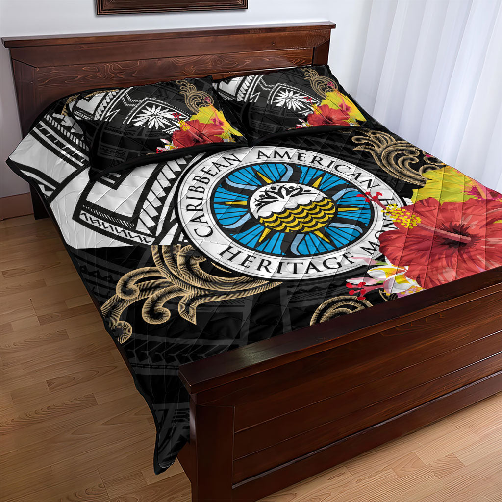 Caribbean American Heritage Month Quilt Bed Set Tribal Pattern Tropical Hibiscus Flower