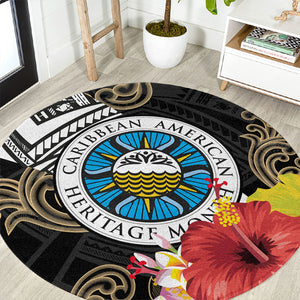 Caribbean American Heritage Month Round Carpet Tribal Pattern Tropical Hibiscus Flower