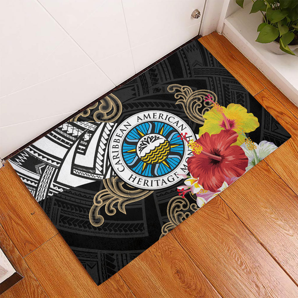 Caribbean American Heritage Month Rubber Doormat Tribal Pattern Tropical Hibiscus Flower