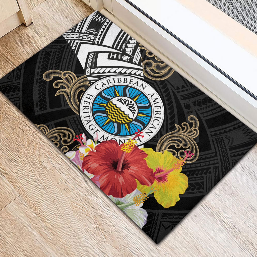 Caribbean American Heritage Month Rubber Doormat Tribal Pattern Tropical Hibiscus Flower