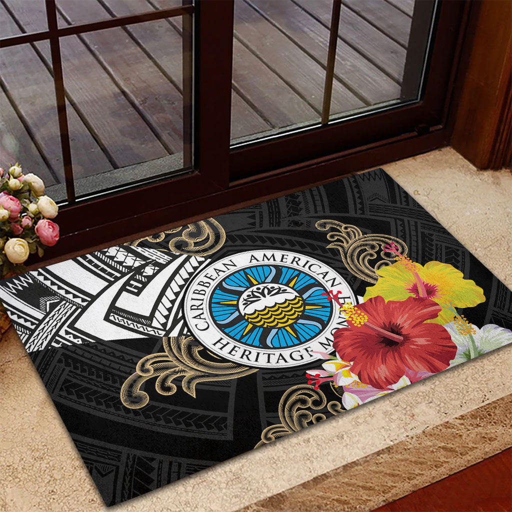 Caribbean American Heritage Month Rubber Doormat Tribal Pattern Tropical Hibiscus Flower