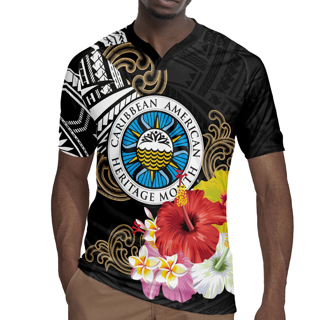 Caribbean American Heritage Month Rugby Jersey Tribal Pattern Tropical Hibiscus Flower