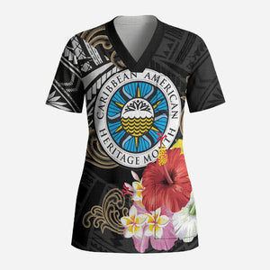 Caribbean American Heritage Month Scrub Top Tribal Pattern Tropical Hibiscus Flower