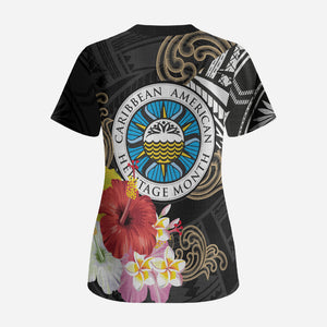 Caribbean American Heritage Month Scrub Top Tribal Pattern Tropical Hibiscus Flower