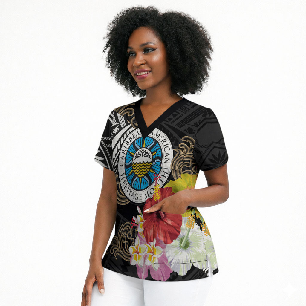 Caribbean American Heritage Month Scrub Top Tribal Pattern Tropical Hibiscus Flower