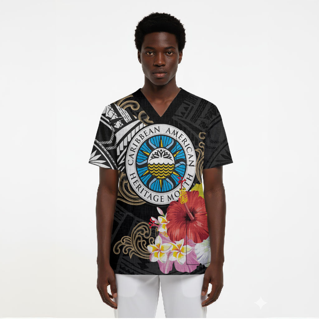 Caribbean American Heritage Month Scrub Top Tribal Pattern Tropical Hibiscus Flower