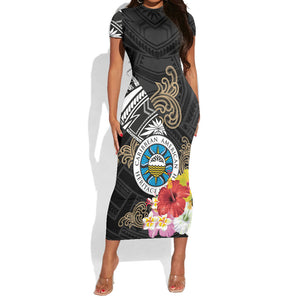 Caribbean American Heritage Month Short Sleeve Bodycon Dress Tribal Pattern Tropical Hibiscus Flower