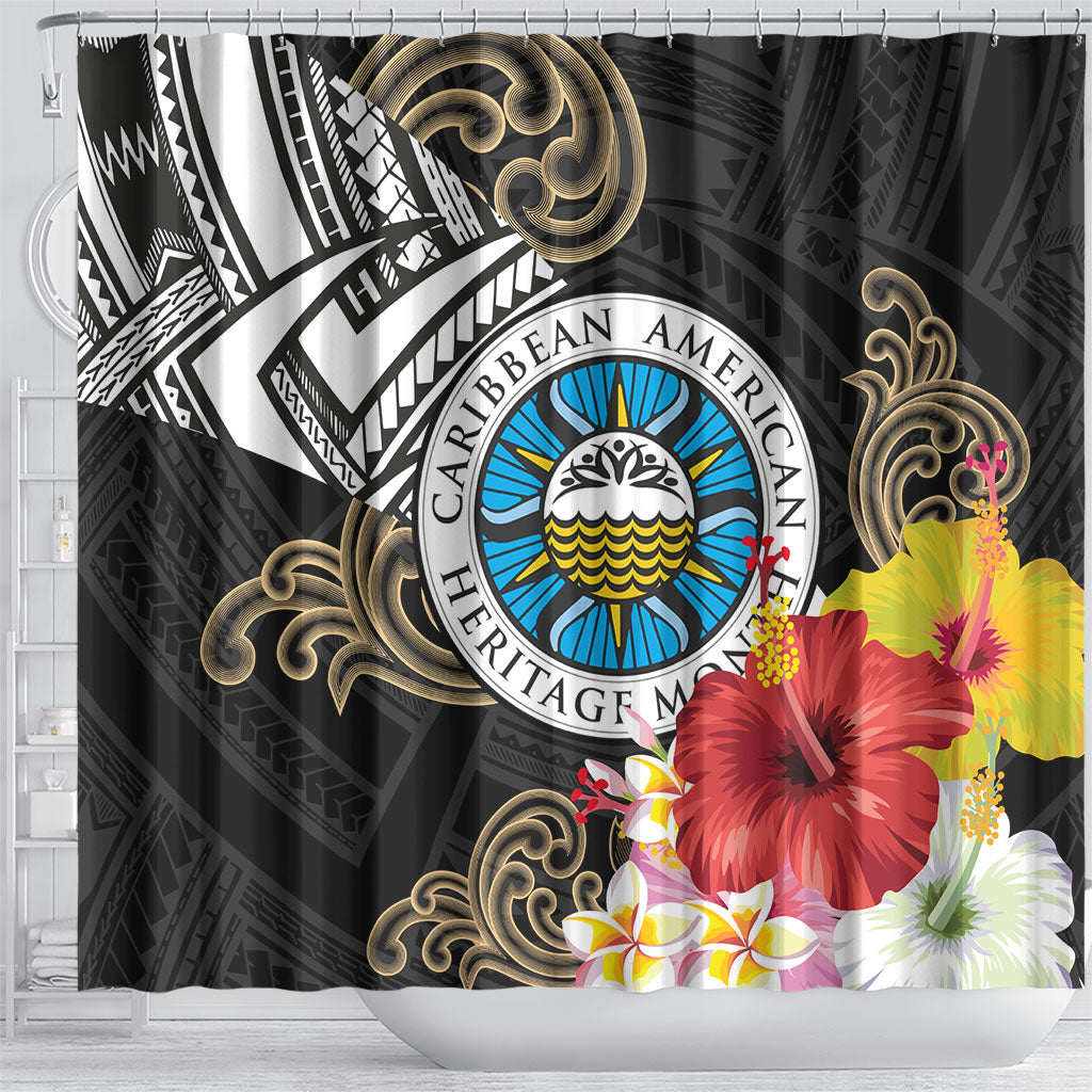 Caribbean American Heritage Month Shower Curtain Tribal Pattern Tropical Hibiscus Flower