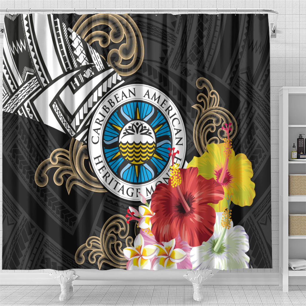 Caribbean American Heritage Month Shower Curtain Tribal Pattern Tropical Hibiscus Flower
